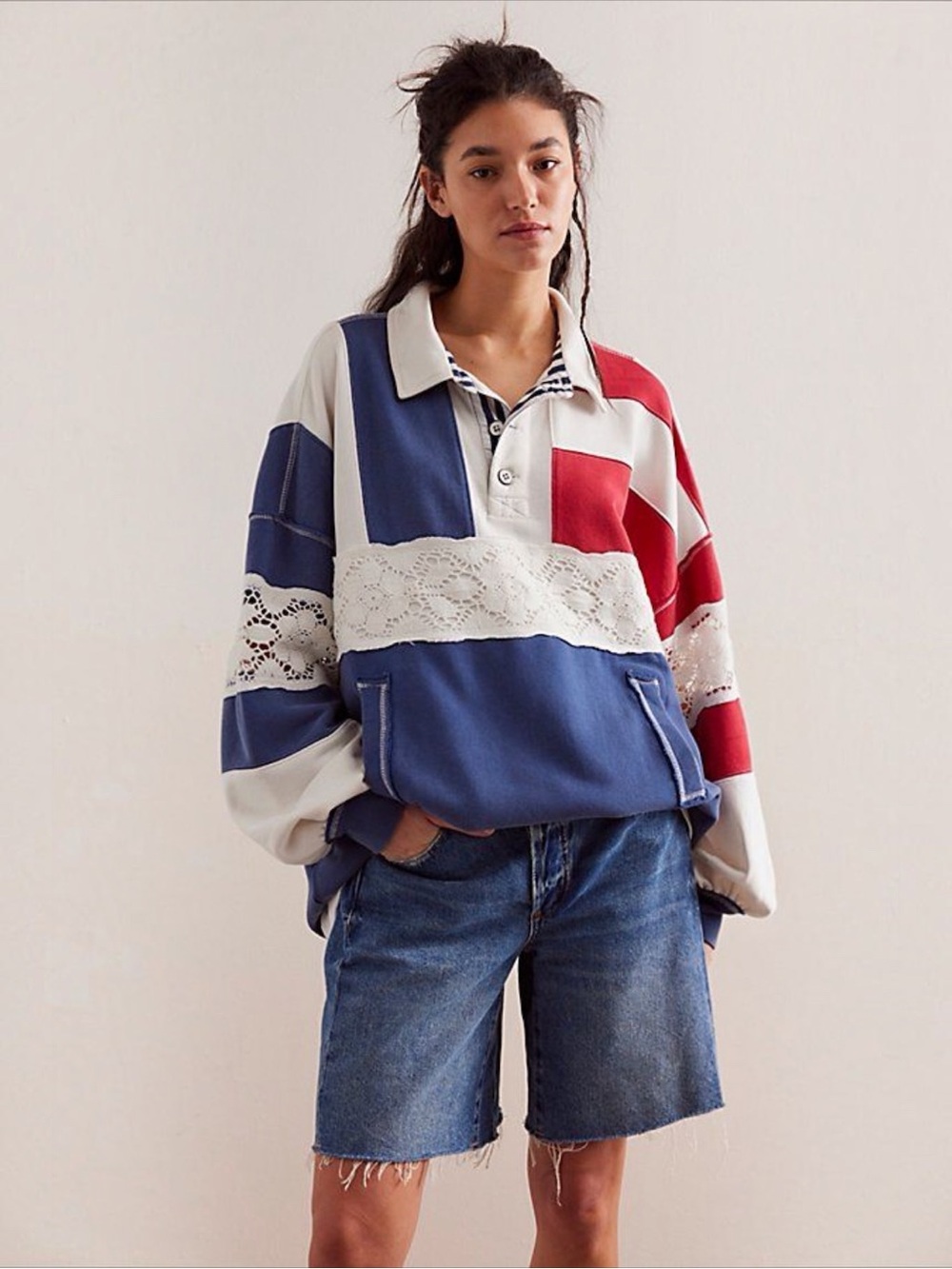 🆕 FREE PEOPLE X WE THE FREE | AMERICAN DREAM POLO PULLOVER | SZ: L